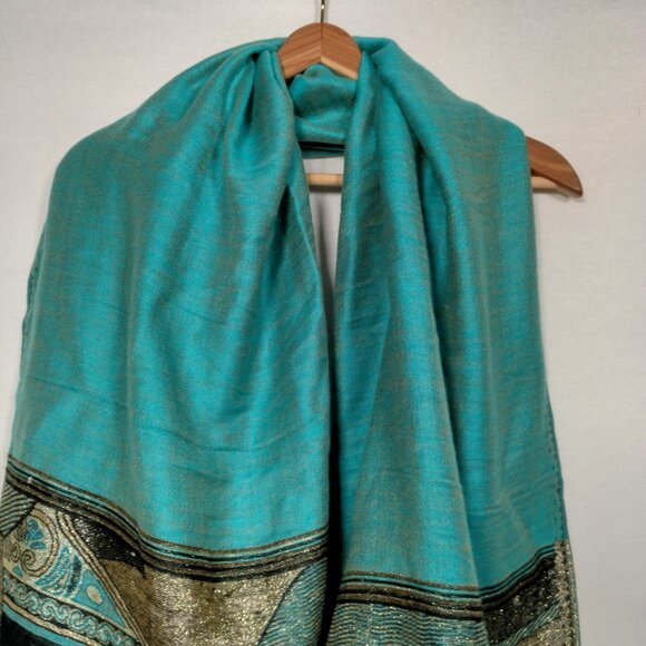 Cashmere Scarf Woven Turquoise Blue Black Metallic Gold Design Fringe Artsy Wrap - Picture 4 of 16
